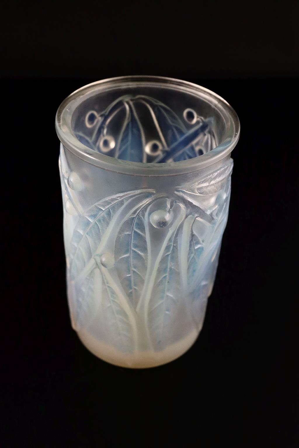 René Lalique. A pre-war opalescent and blue tinted glass Laurier pattern vase, no.947, designed in 1922, 17.7cm high